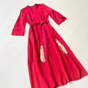 1930s Red Robe with Zig-Zag Hem and Tasseled Waist Tie