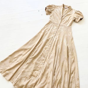 Vintage Gold Satin Jacquard Puff Sleeve Maxi Dress image 1