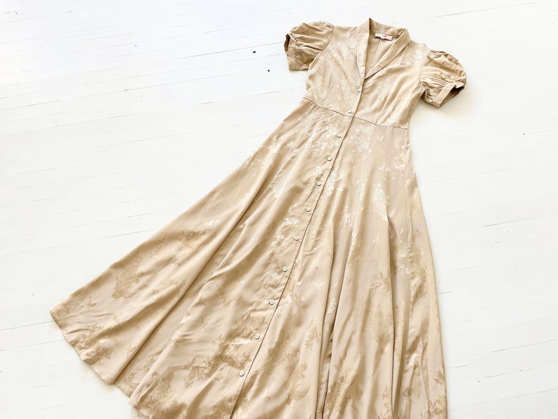 Vintage Gold Satin Jacquard Puff Sleeve Maxi Dress image 1