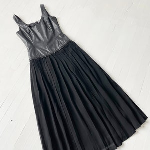 1980s Black Leather & Chiffon Dress – Sheer Pleated Skirt with Slits, XS/S Vintage