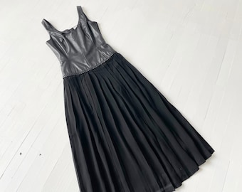 1980s Black Leather Dress with Sheer Pleated Chiffon Skirt