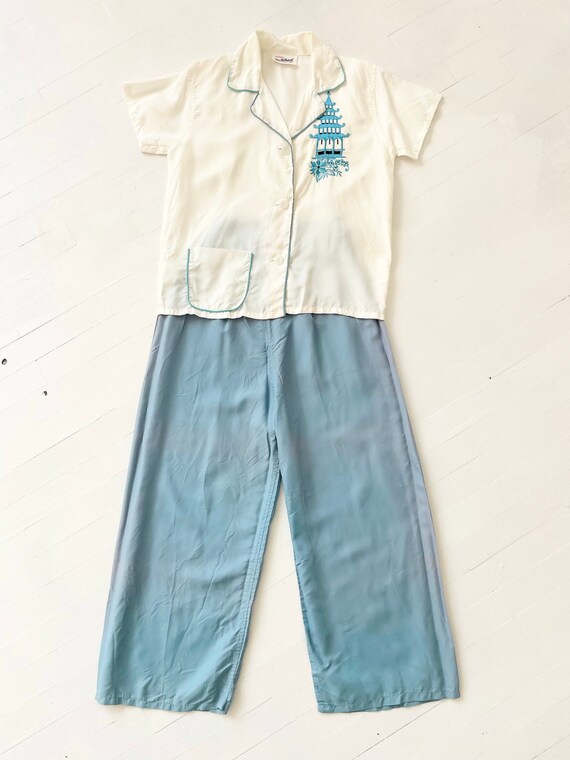1950s Embroidered White + Blue Pyjama Set - image 3