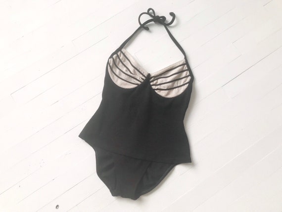 1980s Black + White Striped One Piece Swimsuit