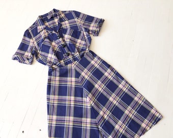 1940s Blue Plaid Cotton Dress