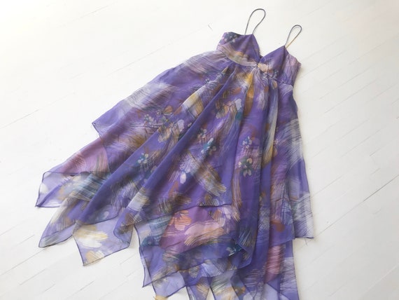 1970s Purple Floral Chiffon Dress with Matching He