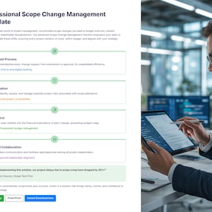 May include: A professional scope change management template with a man in a suit using a tablet. The template highlights streamlined processes, risk mitigation, cost control, and enhanced collaboration. The text includes "Plug and Play" and "Instant Download here."