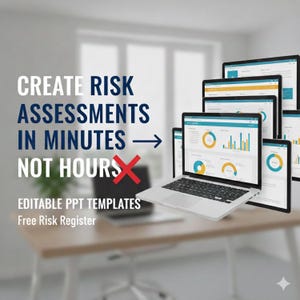 Puede incluir: Un portátil y varias tabletas y teléfonos que muestran gráficos y diagramas de negocios. El texto dice "CREAR EVALUACIONES DE RIESGOS EN MINUTOS, NO EN HORAS". Los dispositivos están sobre un escritorio marrón claro.