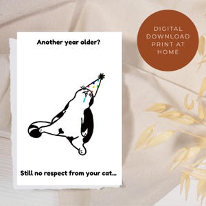 Cartão de aniversário para impressão, cartão com tema de gato, saudação de gato, cartão de aniversário engraçado para amantes de animais de estimação, donos de gatos, mãe, pai, amigo, download digital