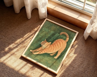 Lámina artística de gato atigrado naranja: Ilustración de gatito pelirrojo estirándose (descarga digital)