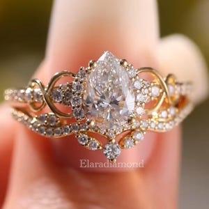 Natur inspiriert Pear Cut Moissanite Verlobungsring Set, 14K Gold Ehering Set, Floral Braut Ring Set, Jahrestag Geschenk für Frauen