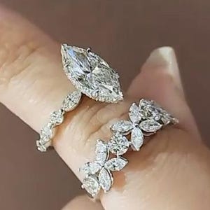 2.5 CT Marquise Cut Moissanite Engagement Ring Set, Marquise Bridal Ring Set, 14K Gold Wedding Ring Set, Hidden Halo Ring, Anniversary Gifts