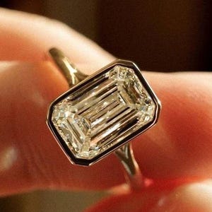 4 CT Emerald Cut Bezel Set Moissanite Engagement Ring, Emerald Diamond Solitaire Ring, 14K Yellow Gold Ring, Anniversary Gifts, Promise Ring