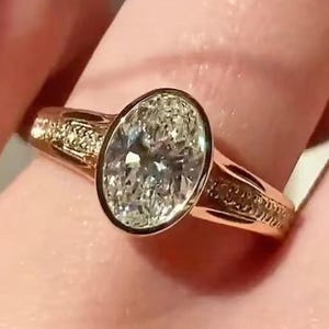 Oval Bezel Set Moissanite Engagement Ring, Unique Split Shank 14K Gold Wedding Ring, Oval Diamond Anniversary Ring, Promise Ring For Her