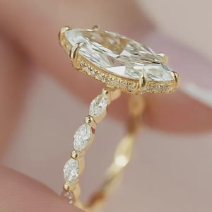 4 CT Marquise Cut Moissanite Engagement Ring, Unique Hidden Halo Ring, 14K Gold Wedding Ring, Promise Ring For Her, Anniversary Gifts