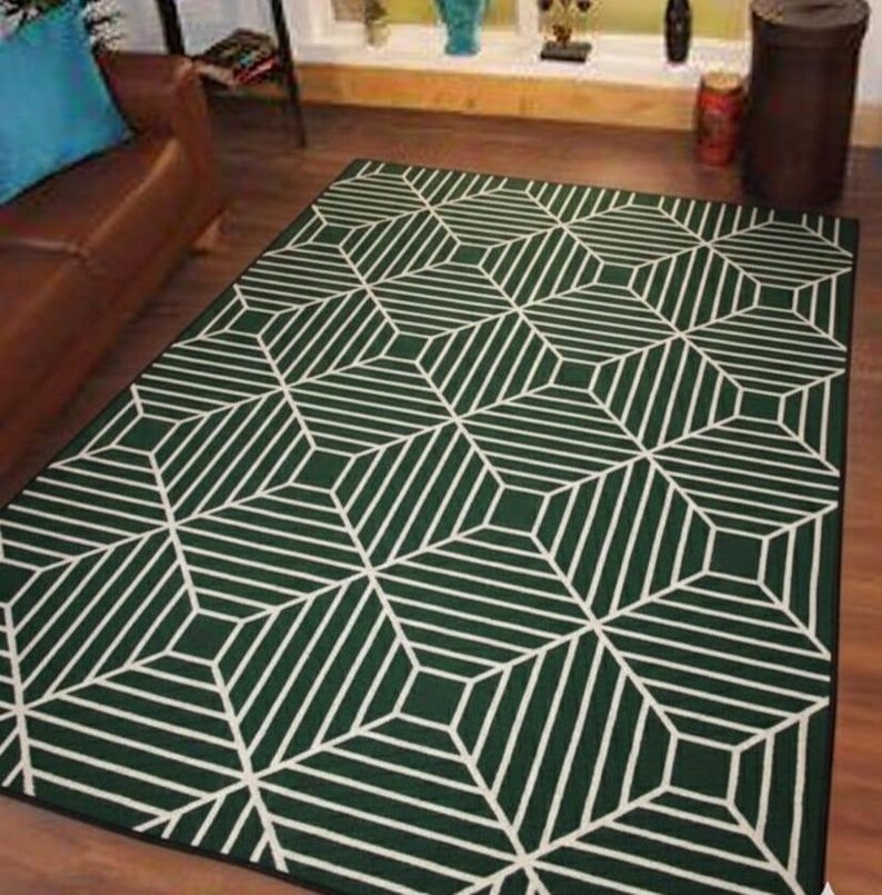 Emerald Green Geometric Hand Tufted Rug, Modern Green and Ivory Area ...