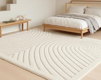 Hand Tufted Minimalist Wool Rug, Japandi Textured Area Rug, Scandinavian Neutral Carpet, Organic Modern Bedroom Décor