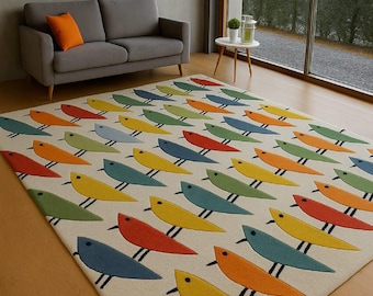 Bird Pattern Rug Multicolor Hand Tufted Wool, Modern Scandi Kids Playroom Carpet