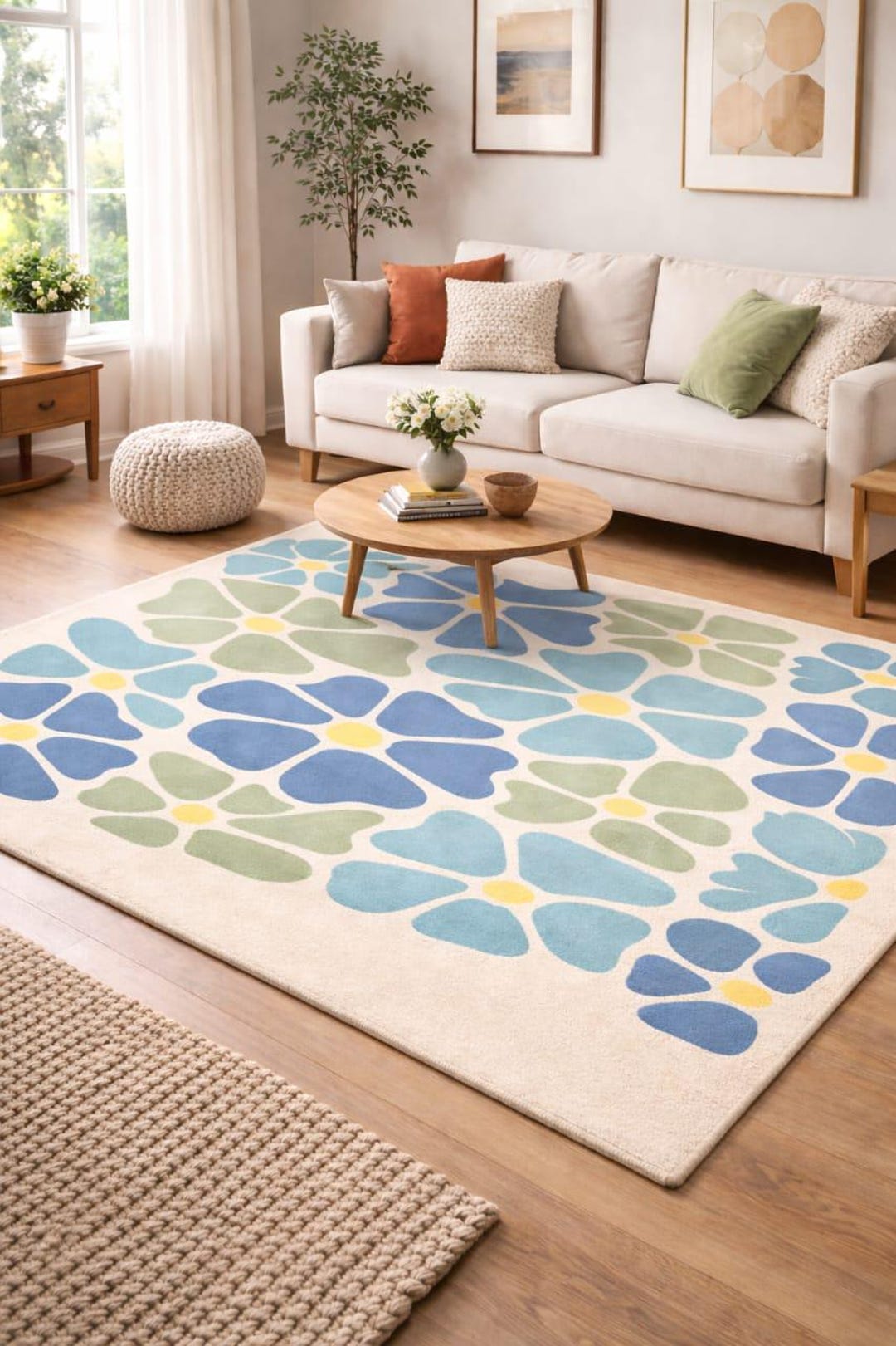 Hand Tufted Wool Rug, Blue Green Floral Carpet, Modern Living Room ...