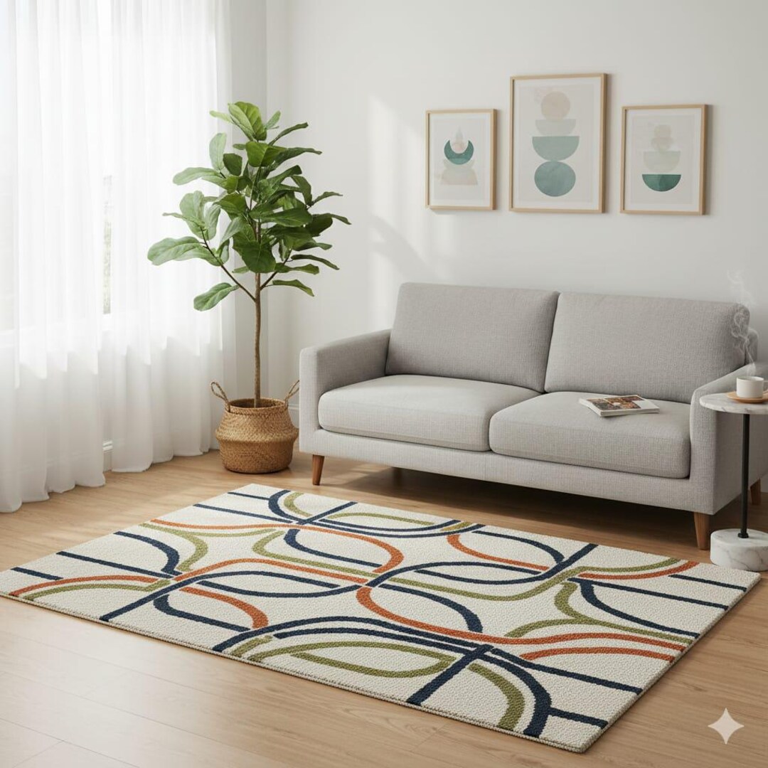 Hand Tufted Wool Rug: Mid Century Modern Geometric Arched Line Carpet ...