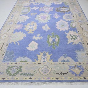 Hand-Knotted Oushak Wool Rug: Blue & Beige Modern Design