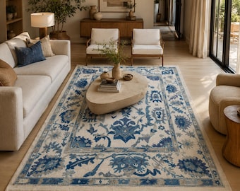 Hand Knotted Rug, Traditional Floral Persian Style Area Rug, Vintage Inspired Oriental Carpet for Living Room Bedroom Décor
