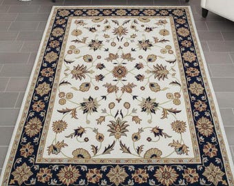 Hand Knotted Ivory Floral Wool Area Rug, Traditional Oriental Persian Style Rug, Vintage Luxury Living Room Carpet, 9 x 12 Ft Rug