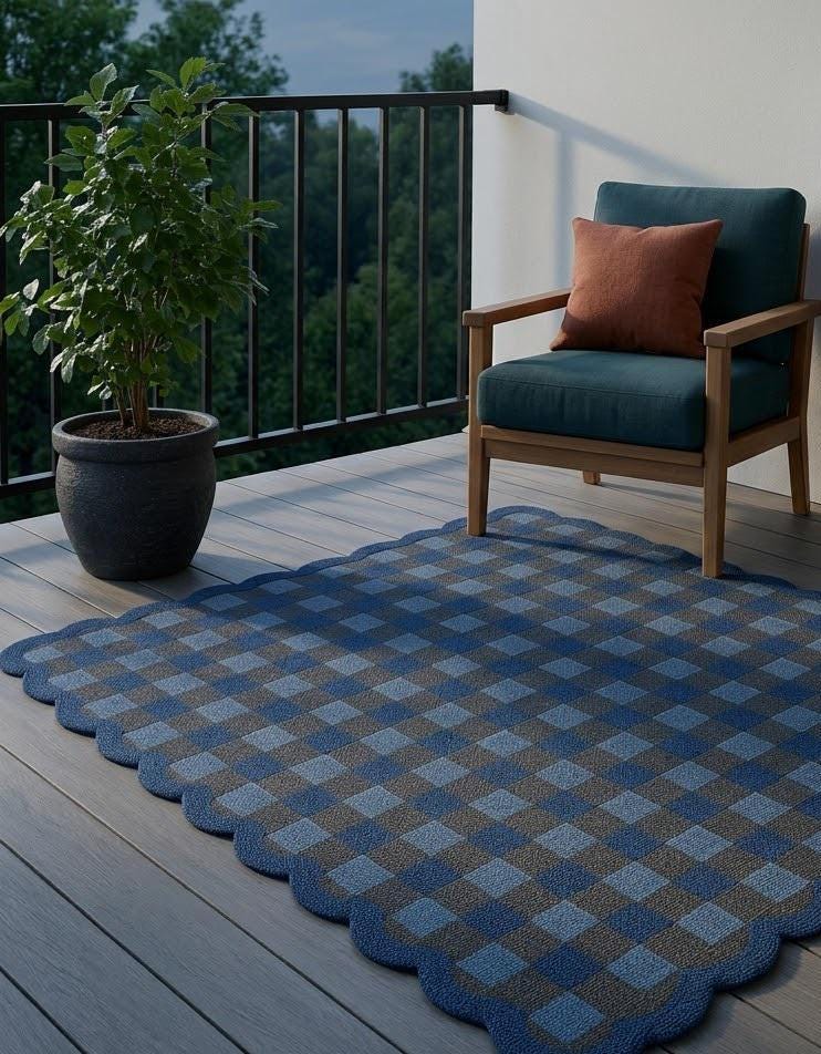 Blue Checked Rug Hand Tufted Blue Checkered Scallop Rug Modern Wavy Edge Wool Area Rug ...