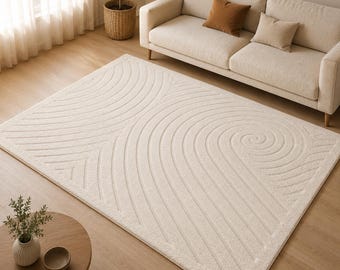 Hand Tufted Rug, Organic Wave Pattern Area Rug, Textured Neutral Carpet for Bedroom Living Room, Japandi Modern Décor, 8 x 10 ft rug