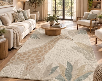 Hand Tufted Floral Rug, Neutral Botanical Area Carpet, Beige Cream Blue Rug, Nature Inspired Modern Farmhouse Living Room Décor