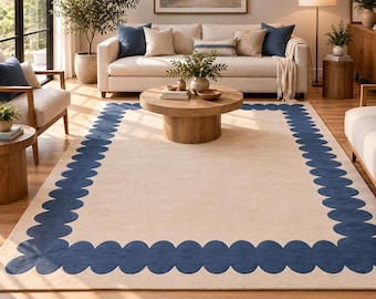 Handgetufteter Wollteppich in Creme mit blauem Rand, geschwungenes Wellenmuster, cremefarben, für Schlafzimmer und Wohnzimmer, individuelle Größe
