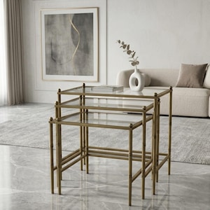 Nestbare salontafel set van 3, antieke koperen glazen bijzettafels, luxe gelaagde bijzettafelset