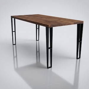 May include: A rectangular dining table featuring a solid dark brown wood grain tabletop and four black metal legs. Each leg consists of two vertical bars connected by a horizontal crossbar, creating an open, geometric frame design.
