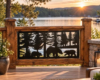 Decorative Rustic Railings and Metal Panel, Wildlife Scenery With Bear and Cubs, Metal Insert, Staircase Railing, Balcony Panel
