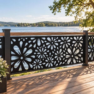 May include: A black metal railing panel featuring a laser-cut floral pattern with various sizes of stylised flower shapes. The rectangular panel is mounted between dark posts and topped with a horizontal wooden handrail on a wooden deck.