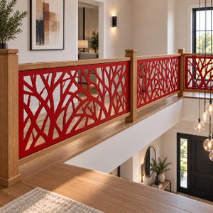 May include: A staircase railing featuring a bright red metal panel with an intricate, organic branch-like cutout pattern, framed by light-toned wooden posts and a matching wooden handrail, installed on a landing overlooking a lower floor.