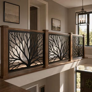 May include: A staircase railing featuring wooden posts and a top rail with black metal panels. Each panel displays a laser-cut design of bare tree branches. The structure is installed along an indoor balcony overlooking a lower level area.