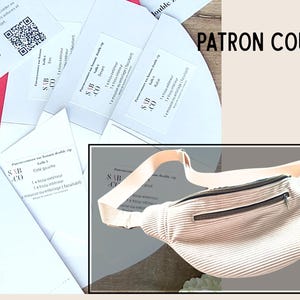 Può includere: Un marsupio color crema con due scomparti con cerniera e un cinturino regolabile abbinato. Il marsupio è realizzato in tessuto a coste. L'immagine mostra anche le istruzioni del modello di cucito e il testo "PATRON COUTURE".