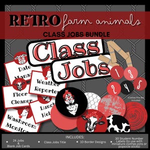 Puede incluir: Un paquete de recursos para el aula con un tema de animales de granja retro. Incluye tarjetas de trabajo, etiquetas y etiquetas numéricas. La combinación de colores es rojo, blanco y negro.