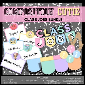 Composition Cutie Class Jobs Bundle | Editable Classroom Job Chart | Smiley School Supplies Theme