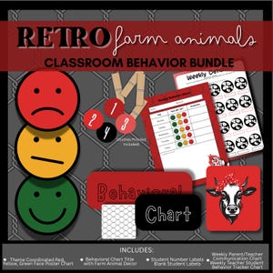 Puede incluir: Un paquete de comportamiento en el aula con un tema retro de animales de granja. Incluye un póster de caras rojas, amarillas y verdes, etiquetas de números de estudiantes y una tabla de comportamiento semanal. El paquete también presenta un gráfico de vaca y el texto "Behavioral Chart".