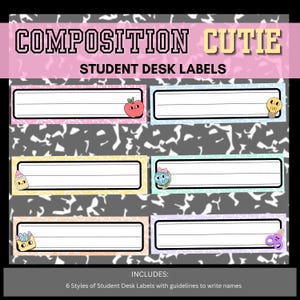 Könnte beinhalten: Schreibtisch-Etiketten für Schüler mit dem Text "COMPOSITION CUTIE STUDENT DESK LABELS". Die Etiketten haben einen weißen Hintergrund mit schwarzen Rändern und farbigen Akzenten, darunter ein Apfel, eine Glühbirne, eine Klebstoffflasche, ein Globus, ein Kaktus und eine Schere.