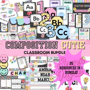May include: A classroom bundle with a composition notebook theme. Includes colourful educational resources like alphabet cards, number charts, behaviour charts, and birthday displays. The text reads "Composition Cutie Classroom Bundle".
