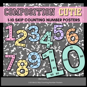 May include: A poster with the words "COMPOSITION CUTIE" at the top, and "1-10 SKIP COUNTING NUMBER POSTERS" below. The poster features colorful numbers 1 through 10, each with skip counting sequences. The poster includes the text "INCLUDES: 1-10 (8x11) Skip Counting Number Posters".