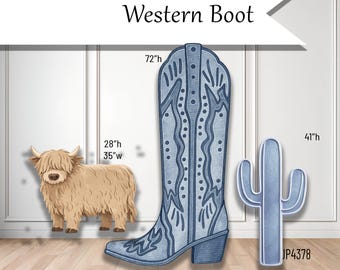 Blue Jean Print Cowgirl Boot Western set Coroplast plastic props cutouts party kids celebrations decor UP4378 (stands sold separately)