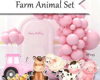 Cute Farm Animals Coroplast Cutouts with Pink Tractor - Farm Birthday Party Yard Signs, Lawn Decor, Baby Shower Props Party Decor UP2195