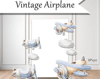 Vintage Airplane Party Props | Cutouts Set | Baby Boy Shower Decor | Aviation Theme Birthday | Cloud Backdrop | Coroplast Photo Props UP2327