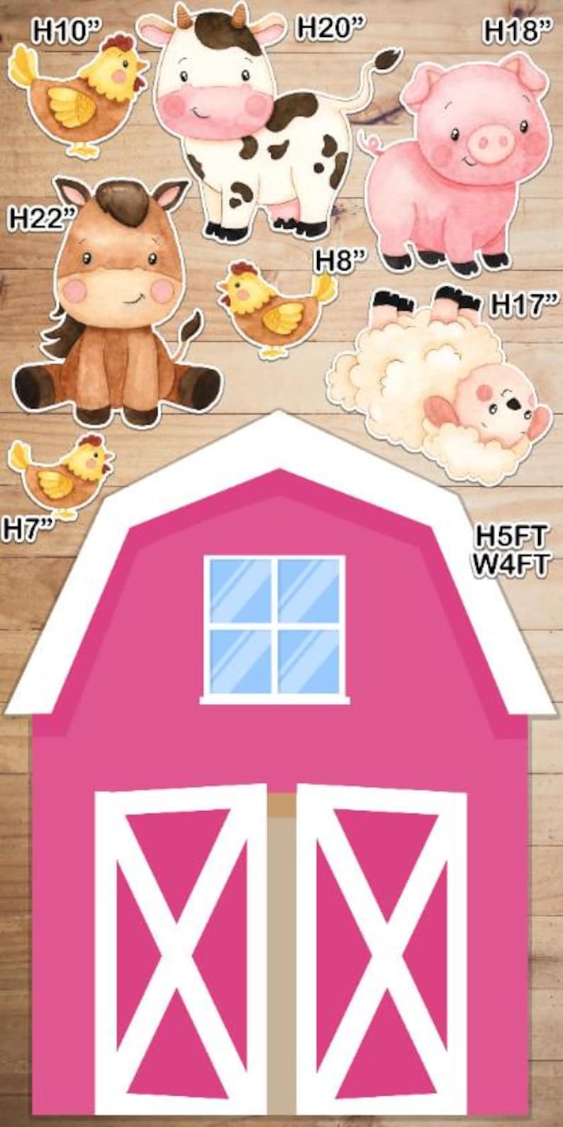 PINK BARN and Farm Animals Backdrop Coroplast Plastic Props Cutouts ...