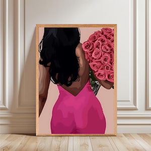 Könnte beinhalten: Gerahmter Kunstdruck mit einer Frau in einem pinkfarbenen Kleid, die einen Strauß rosa Rosen hält. Das Kunstwerk hat einen minimalistischen Stil mit Fokus auf Farbe und Form. Die Frau ist von hinten zu sehen, mit langen schwarzen Haaren.