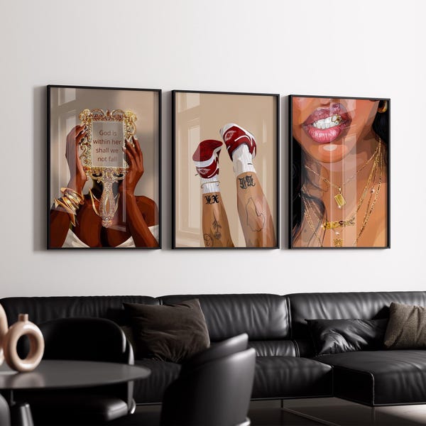 black woman art set of 3 poster, black art, black woman wall art, Affrican  black girl wall art, black art print, money art, fashions
