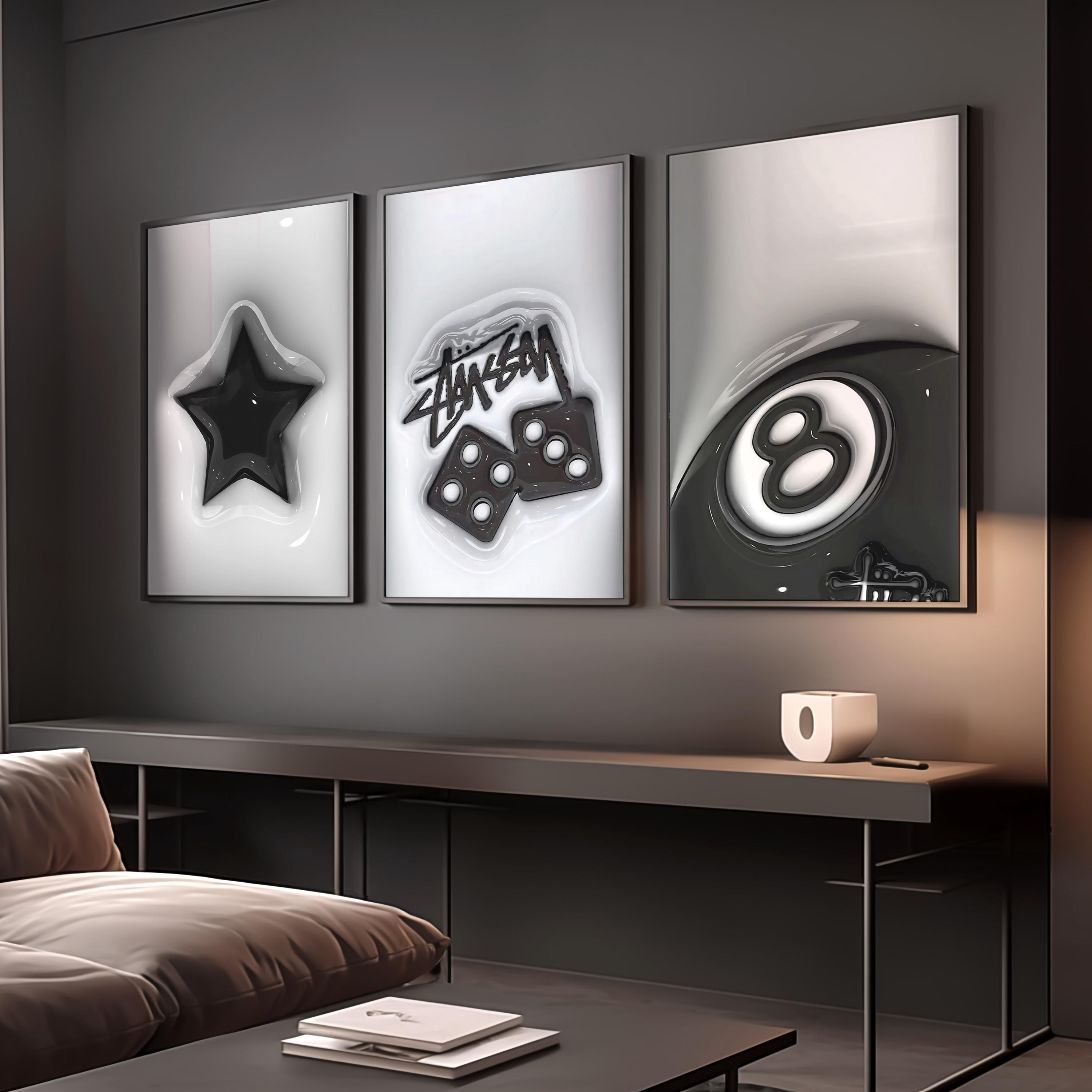 Set of 3 HypeBeast Decor, Cool Wall Art, 3D Wall prints, Urban Street Art, HypeBeast Room Decor, Gift for Him, 8 ball, DİGİTAL DOWNLOAD